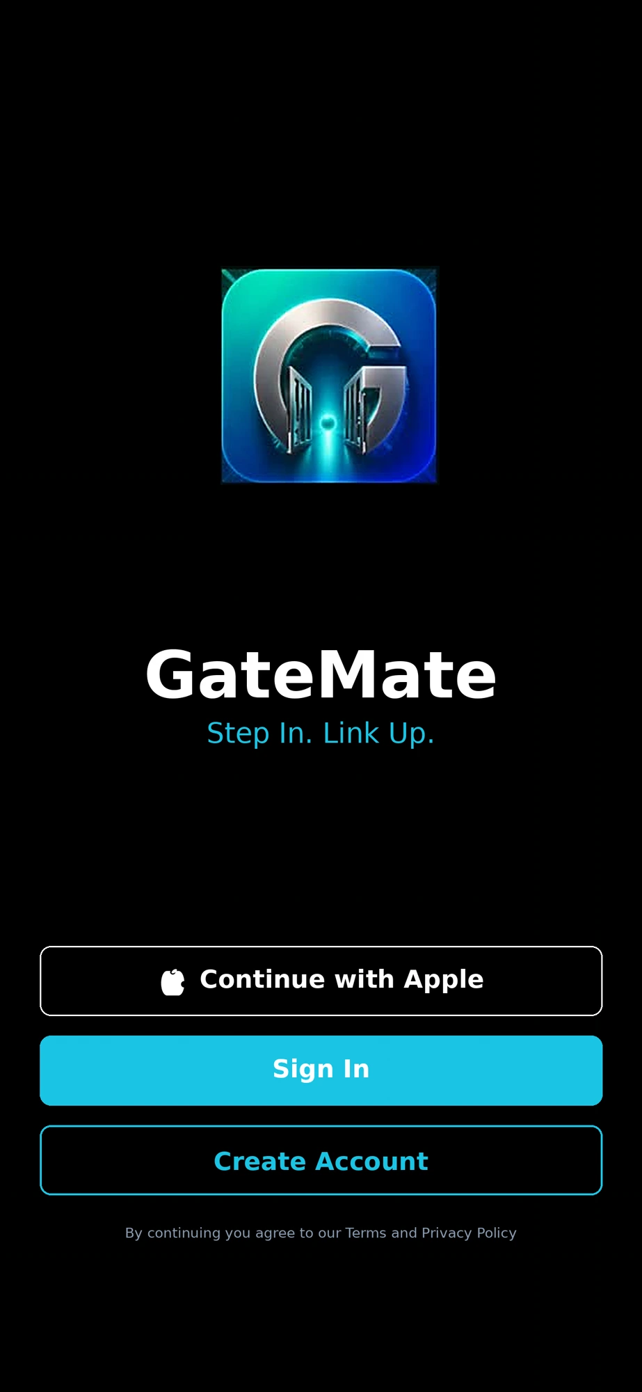 GateMate app welcome and sign-in screen